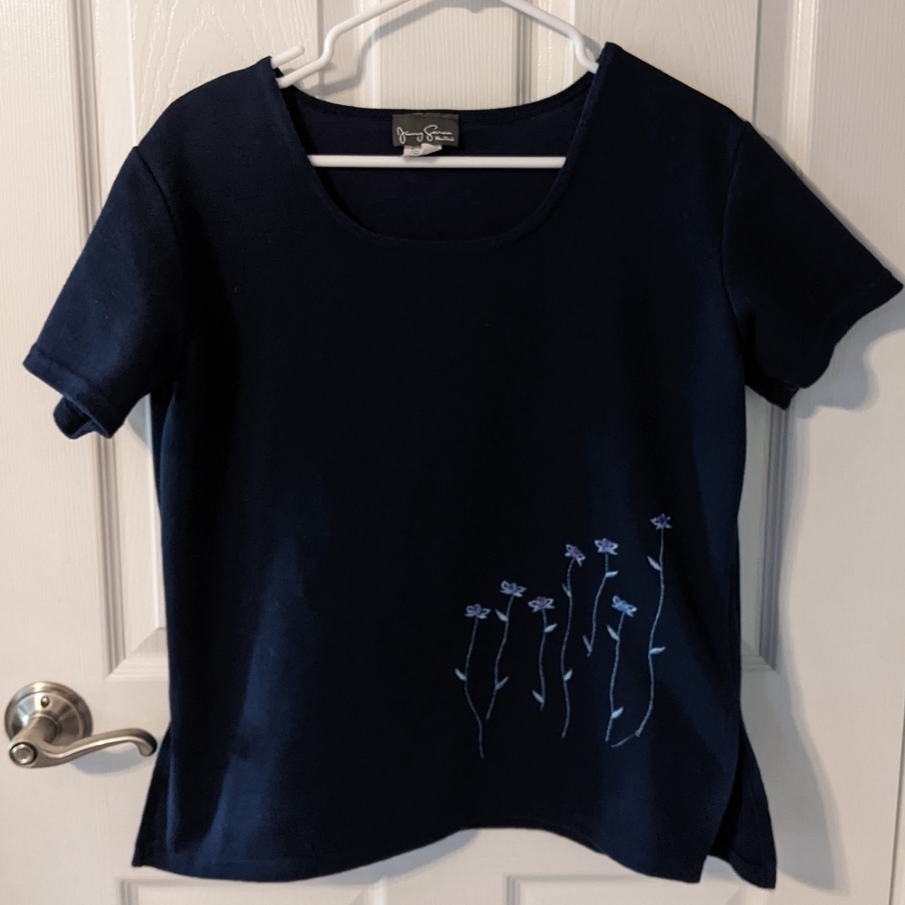 Vintage Jimmy Garcia Floral Embroidered Navy Short Sleeve Top Size Medium